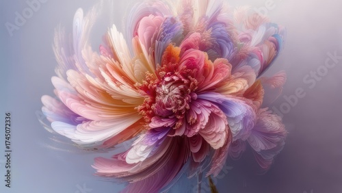 A vibrant, abstracted floral image with swirling petals in various colors, soft focus