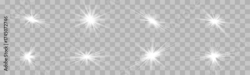Bright star flares and glowing sparkles flash across a clean vector background. Radiant beams and twinkles add magical illumination and elegance. Great for holiday and fantasy visuals.