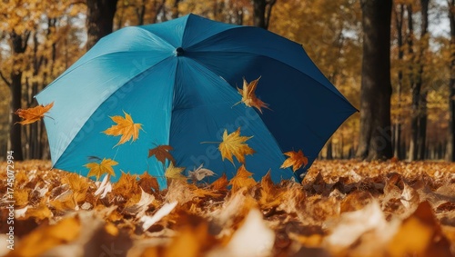A vibrant blue umbrella amidst falling autumn leaves on a leaf-strewn forest floor