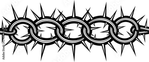 Barbed chain, spiked ring, black vector, aggressive design, tattoo style, edgy motif, abstract link, bold outline, danger symbol, protection art