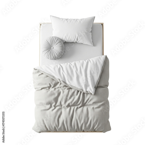 Top view single bed with natural white oak wood frame on Isolated transparent background png. generated with AI