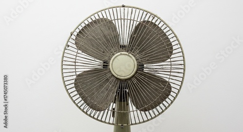 A dusty standing fan with four blades and a protective wire cage stands against a plain white background
