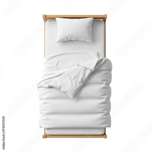 Top view single bed with natural white oak wood frame on Isolated transparent background png. generated with AI