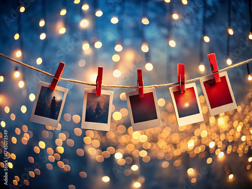 Five instant photos clipped to a string with red clips, against a backdrop of warm bokeh lights