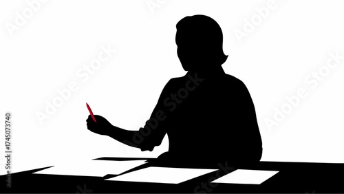Person Working at Desk Silhouette with Red Pen