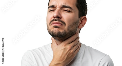 A man with closed eyes clutching his throat appearing to be in pain