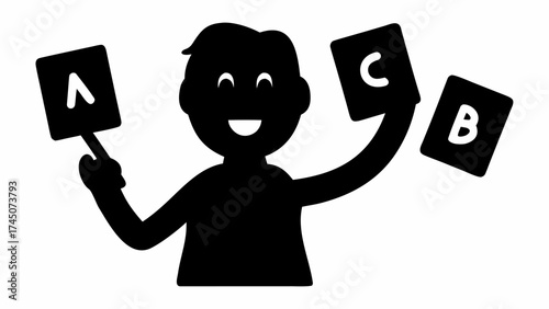 Joyful person enthusiastically holding alphabet cards, celebrating learning and creativity with a bright smile