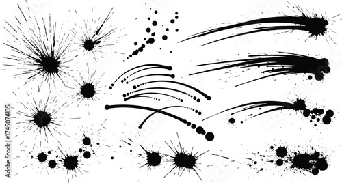 Ink splatter, brush stroke, abstract texture, motion effect, grunge element, vector set, dynamic splash, graphic design, messy mark, curved smear