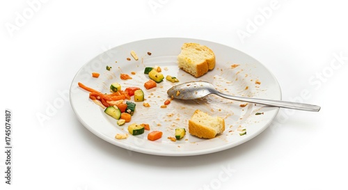 A partially eaten meal sits on a white plate with a spoon resting on it