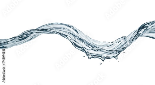 A wave of clear water flows across a white background featuring intricate ripples and droplets