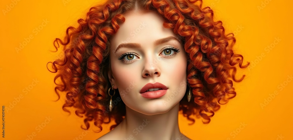 Fototapeta premium Luxurious curly redhead portrait, vibrant yellow backdrop, beauty, artistic