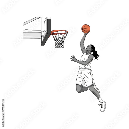Basketball player shooting the ball towards the hoop for a score.
