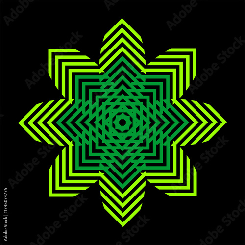Radiant green chevrons spiral outward into an eight-petal star, forming a hypnotic fusion of symmetry, depth, and glowing energy.