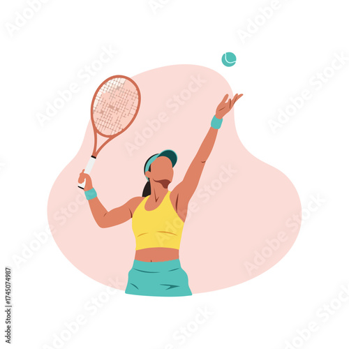 Tennis player serving the ball with racket in hand.