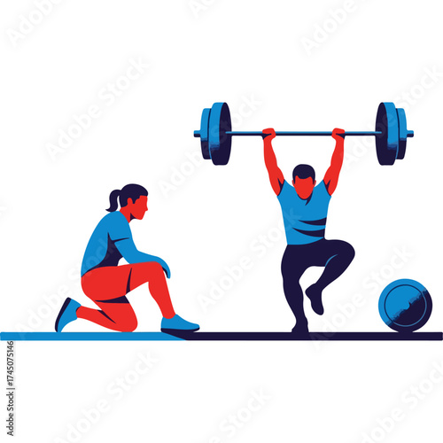 Weightlifting athlete performing overhead press with spotter watching.