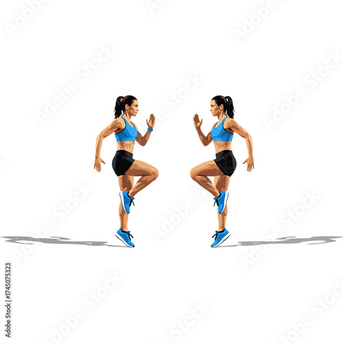 Woman performing high knees exercise for fitness training.