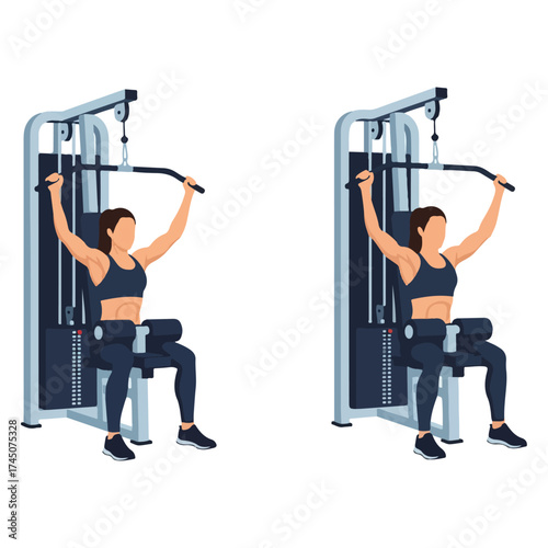 Woman Performing Lat Pulldown Exercise on Machine.