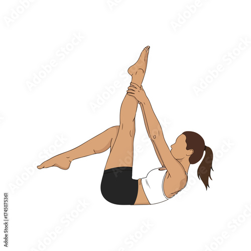 Woman performing Pilates exercise with raised leg and arm.
