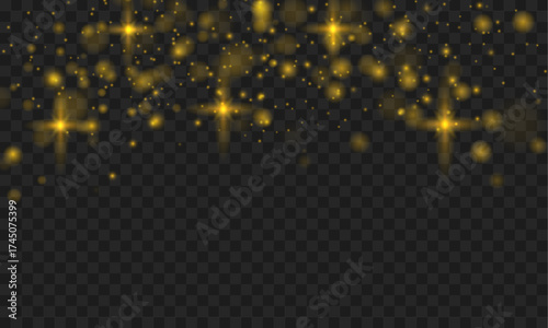Golden dust particles shimmer with star-shaped sparkles on a transparent vector background. The glowing elements bring festive energy and elegance. Great for holiday graphics and overlays.