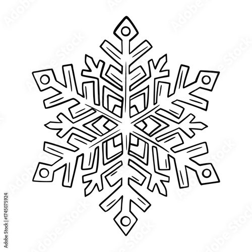 A detailed black and white illustration of a snowflake with intricate geometric patterns and symmetrical design.
