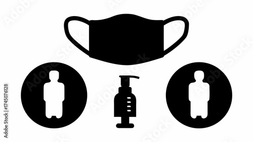Essential health icons show mask, sanitizer, and social distancing for safety and wellness