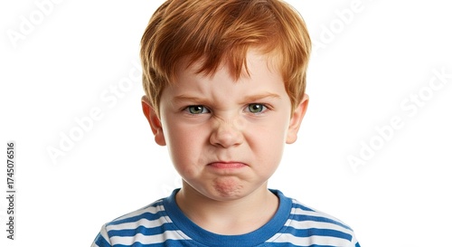 Boy with red hair  striped shirt scowling isolated on white expressing displeasure