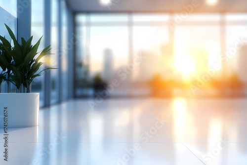 Beautiful blurred background of a light modern office interior with panoramic windows and beautiful lighting. 