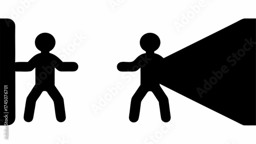 Person opening door to light, another person projecting powerful beam outwards, concept of discovery and innovation