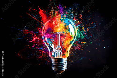 Creative light bulb explodes with colorful paint and splashes on a black background. Think differently creative idea concept
