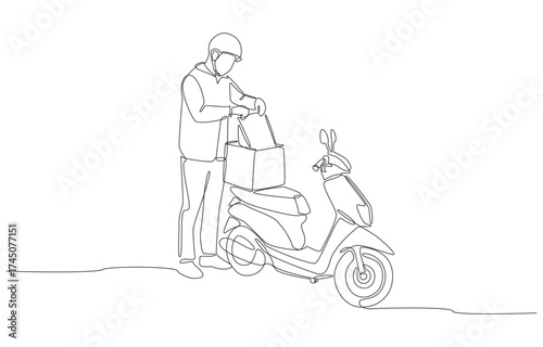 Continuous one line drawing of food delivery rider preparing for delivery, symbolizing food delivery service, single line art.