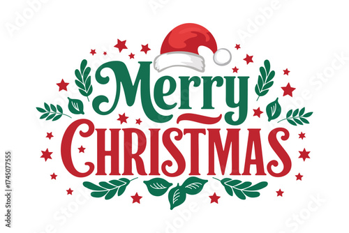 colorful christmas greeting with green red text, santa hat, leaves, stars and dots for seasonal cards and holiday decorations