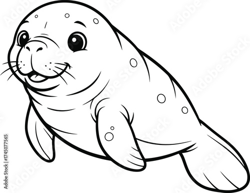 Adorable seal cartoon kids coloring page, simple black and white vector drawing for children�s educational coloring and printable art.