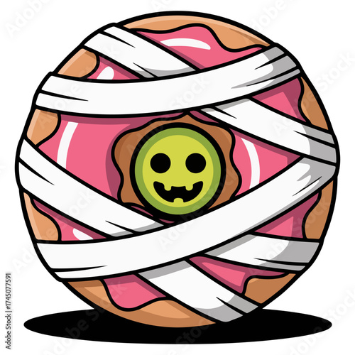 A delightful donut decorated as a mummy, perfect for Halloween! This playful illustration features a sweet treat wrapped in bandages, complete with a spooky face