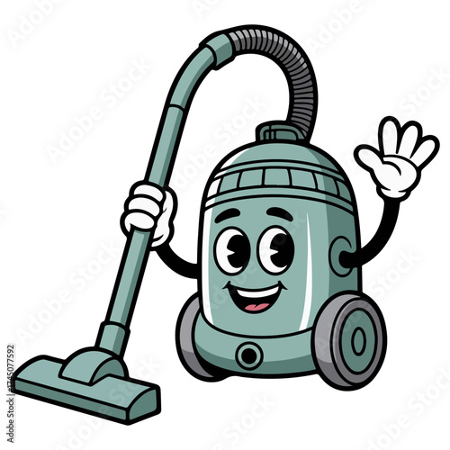 A friendly cartoon vacuum cleaner waving hello. The vacuum cleaner has big eyes and a happy expression