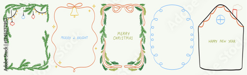 Christmas decorative frames collection with fir tree branches, bow and ribbon and lights in vintage doodle style for poster, placards and invitation cards. New Year design holiday frame vector set.
