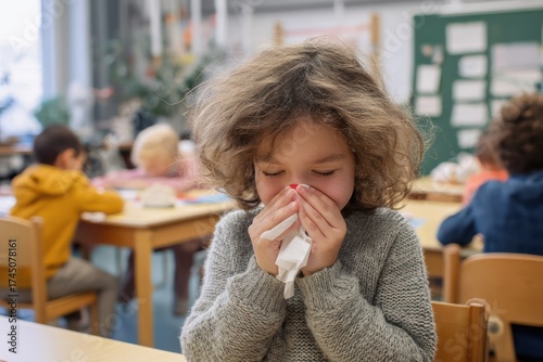 Child Sneezing in Classroom Due to Chalk Dust Allergy
