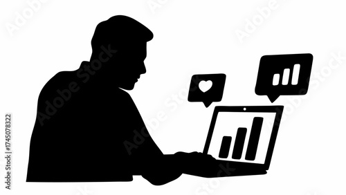 Silhouette of a person working on a laptop with social media notifications