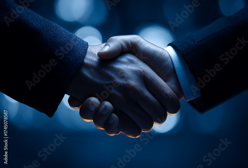 Close up of two business people shaking hands in a dark setting with bokeh lights