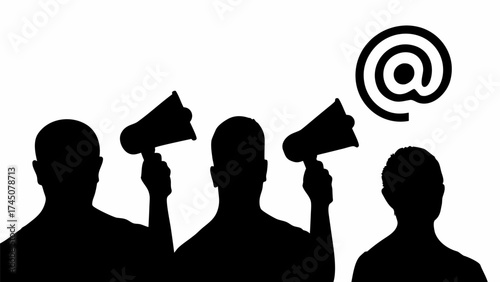 Dynamic silhouettes announce crucial news with megaphones and the iconic @ symbol, conveying urgent messages