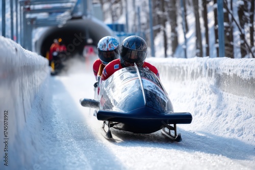 Dynamic close-up of bobsleigh athletes on icy track
