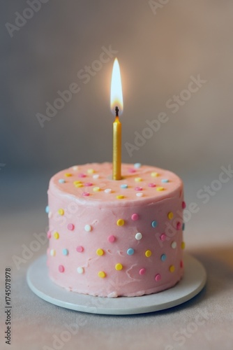 small round birthday cake with single candle and pink frosting glowing in warm light concept of celebration minimal lifestyle