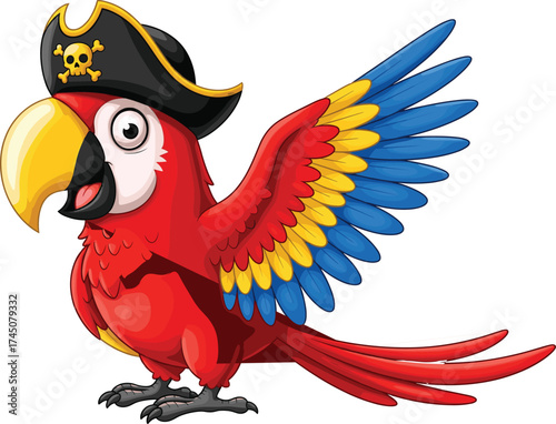 Cartoon pirate parrot, colorful bird illustration, red parrot with pirate hat, tropical animal character, fun children’s design, stock image