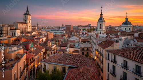 Ultra Realistic Editorial Panoramic View of Madrid at Sunset with Rooftops and Historic Architecture
