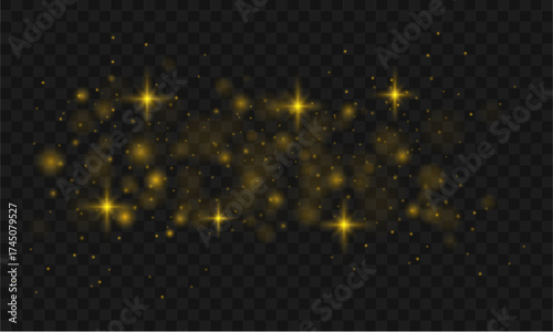 Golden dust sparkles softly with twinkling stars on a transparent vector background. The glowing particles create a magical and elegant atmosphere. Perfect for festive and luxury designs.