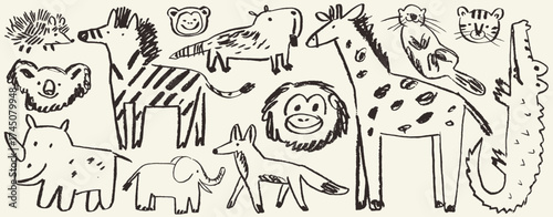 Animal kids hand drawn naive wild nature doodle set, childish chalk African characters. Wax crayon kindergarten jungle print, childhood savanna and forest mammal. Animal scribble charcoal graphic.