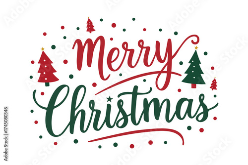 merry christmas greeting with red green cursive text and decorative trees and dots on white background
