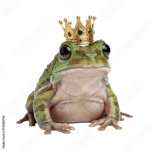 Funny frog prince from fairytale wearing gold crown, cute fairytale character.
