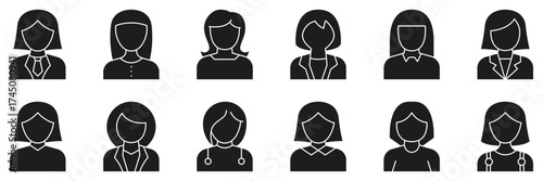 Female Avatar Icons with Professional and Casual Outfits Solid Icon Set. User Profile Symbols for Identity, Interface and Business Contact Silhouette Symbol Collection. Isolated Vector Illustration