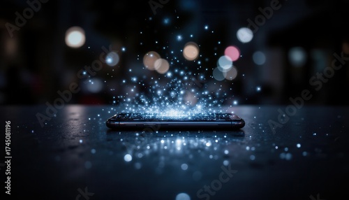 Floating Smartphone with Sparkles and Reflective Urban Background