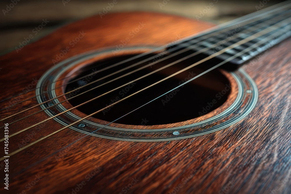 Fototapeta premium Close-up of Acoustic Guitar Soundhole and Strings Detail